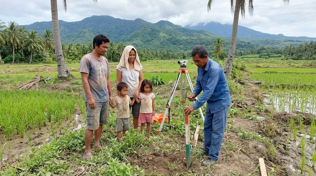 Filipino family and a land surveyor standing on a coconut and rice farm lot in Negros Oriental, marking a corner for a future house