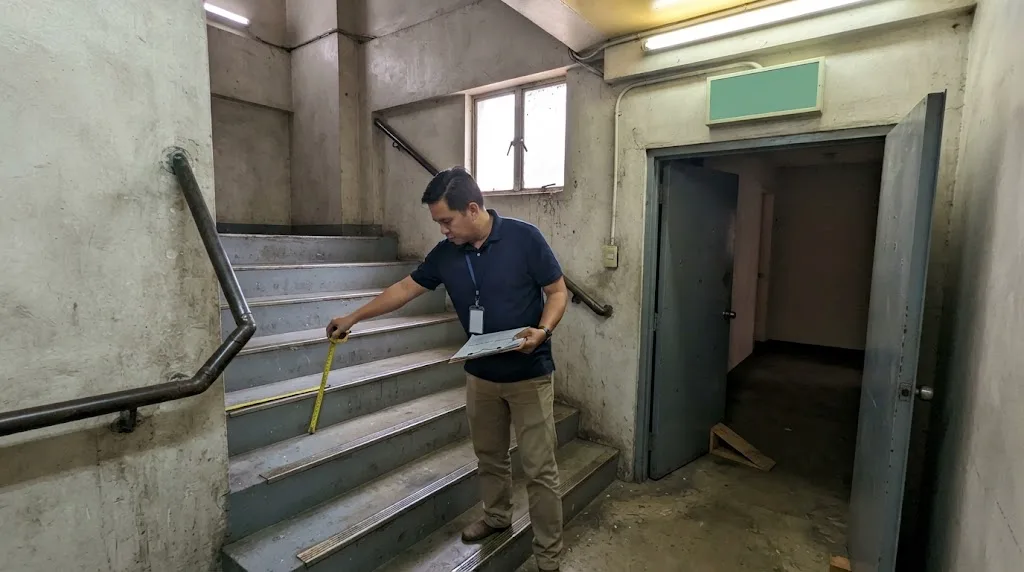 Enclosed fire exit stairway with handrails and exit signage in a Philippine commercial building