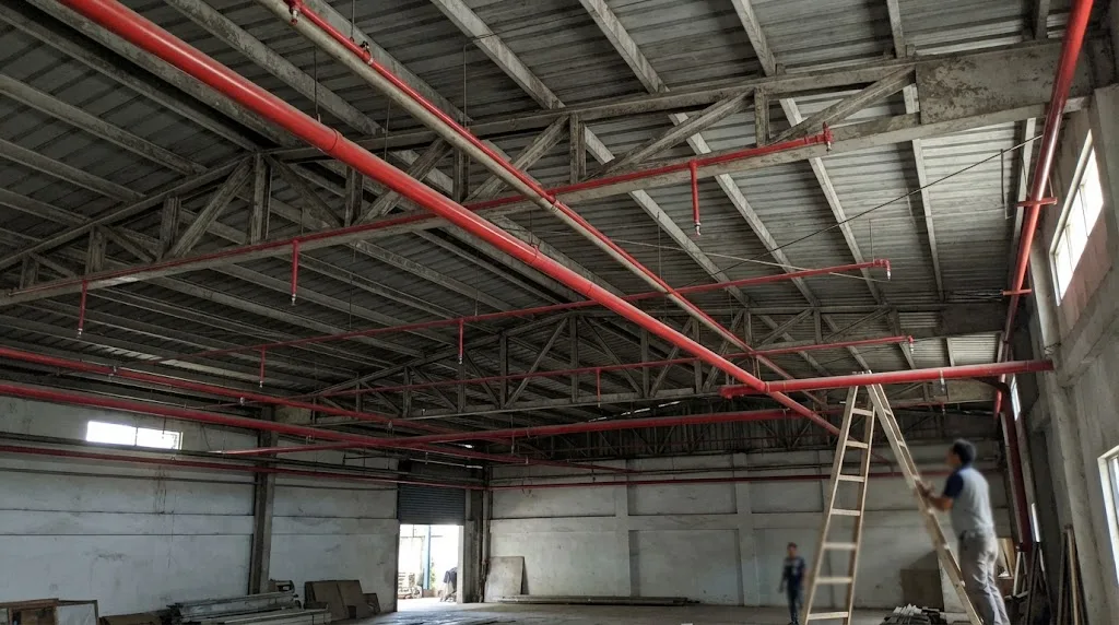 Red fire sprinkler pipes and pendant heads installed under the steel roof framing of a commercial building in the Philippines