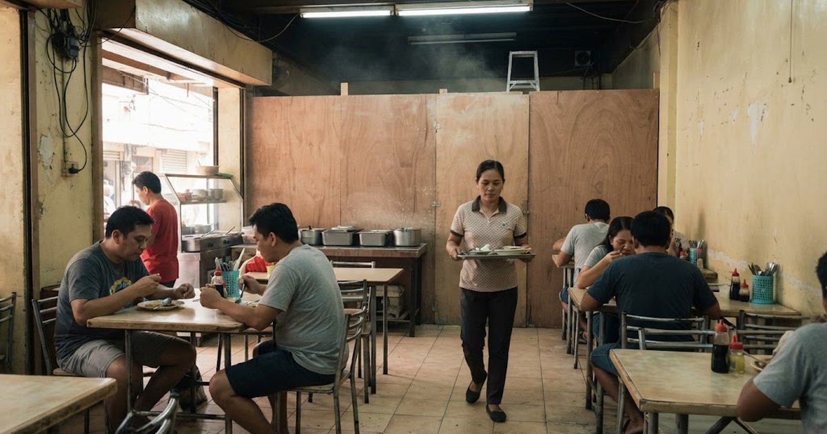 Small Filipino restaurant with plywood hoarding closing off one half for renovation while the other half stays open