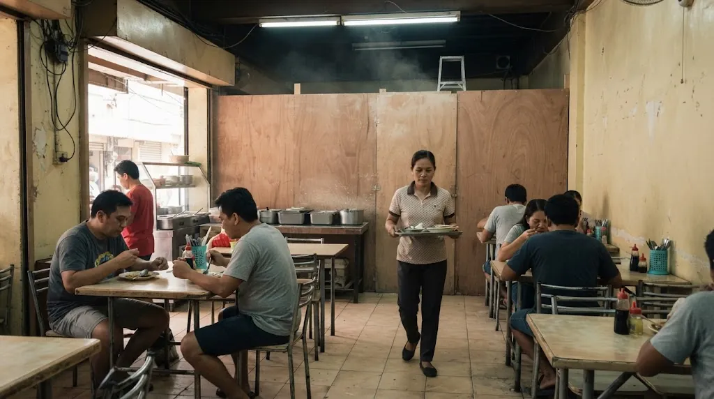 Small Filipino restaurant with plywood hoarding closing off one half for renovation while the other half stays open