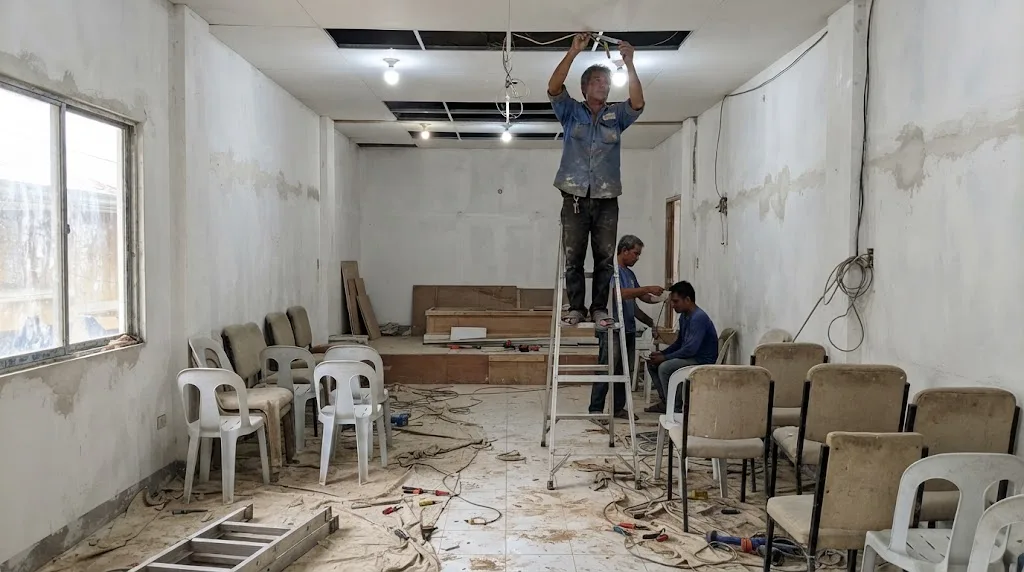 A small funeral chapel viewing hall under renovation, with fresh plaster, rows of plain chairs and an electrician installing ceiling lights