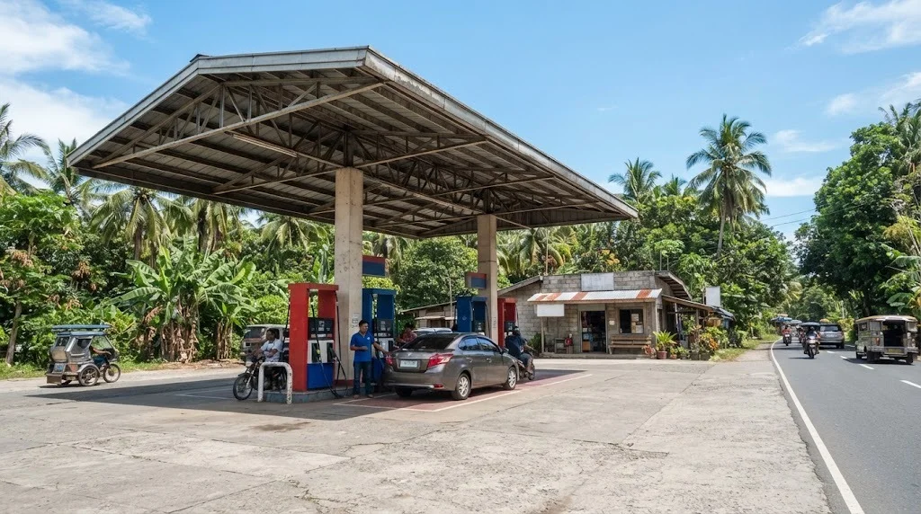 Steel canopy over fuel dispenser islands at a Philippine gas station, columns and roof deck visible