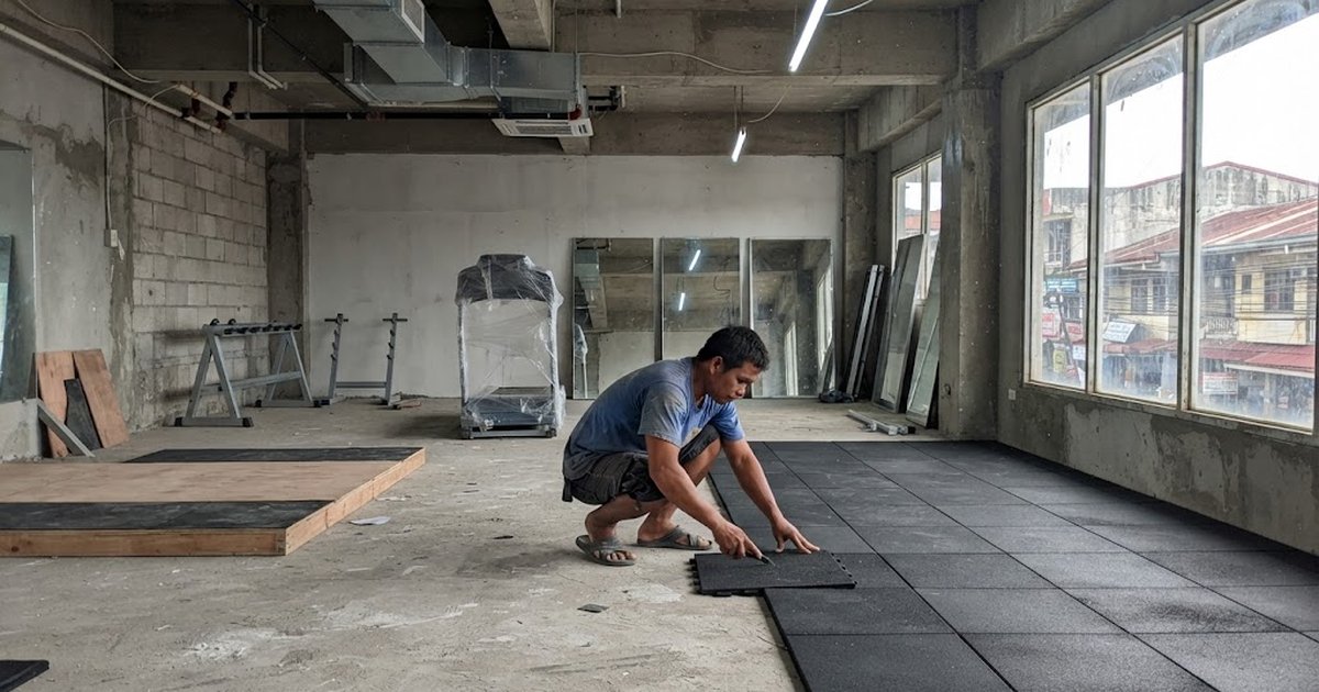 Worker laying rubber floor tiles in a unit being fitted out as a gym