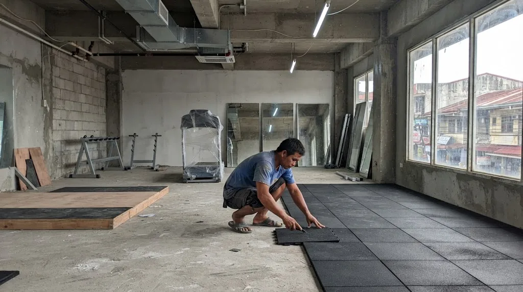 A worker laying black rubber floor tiles in an upper-floor commercial unit being fitted out as a gym, with a plywood lifting platform, dumbbell racks and a plastic-wrapped treadmill