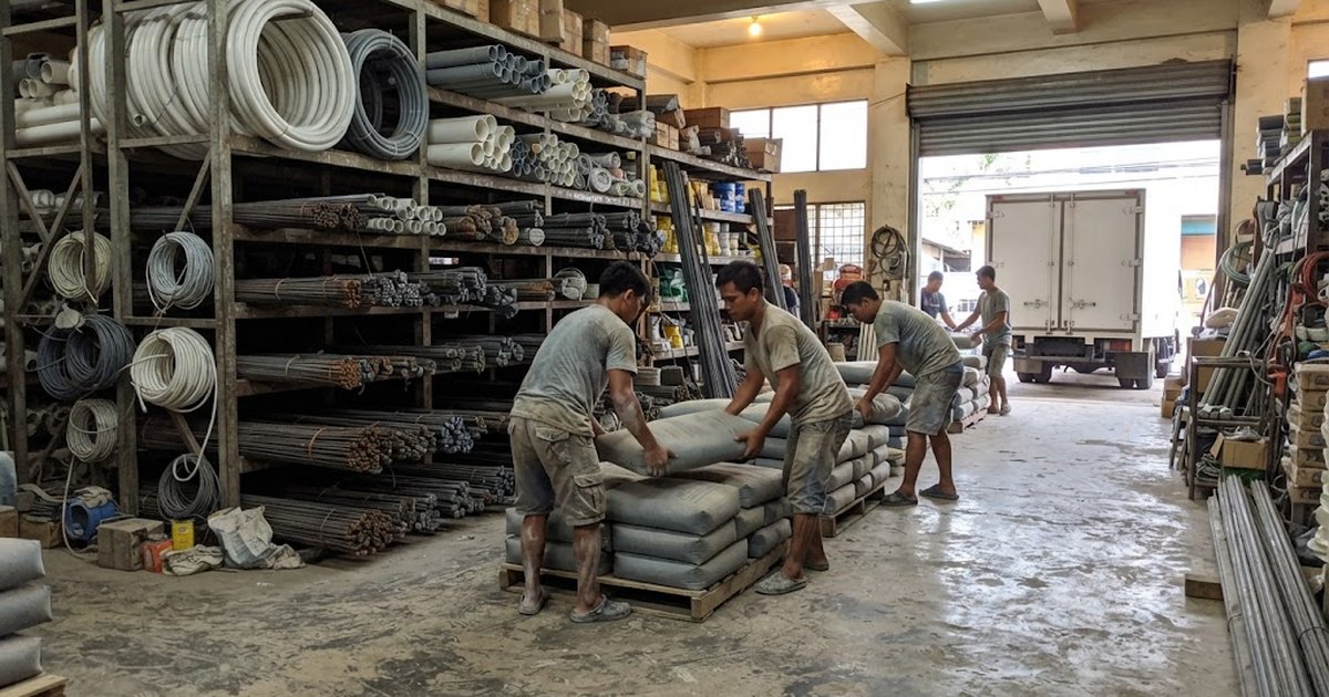 Workers stacking cement bags on pallets in a hardware store