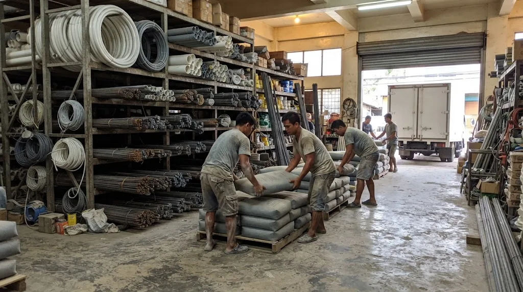 Workers stacking cement bags on pallets inside a hardware store, with steel racks of plumbing and electrical supplies behind them