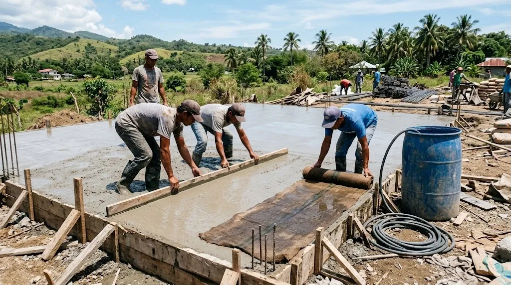 Filipino workers screeding a freshly poured concrete slab under a hot midday sun in Negros Oriental, one worker unrolling wet burlap, a water drum and hose beside the formwork