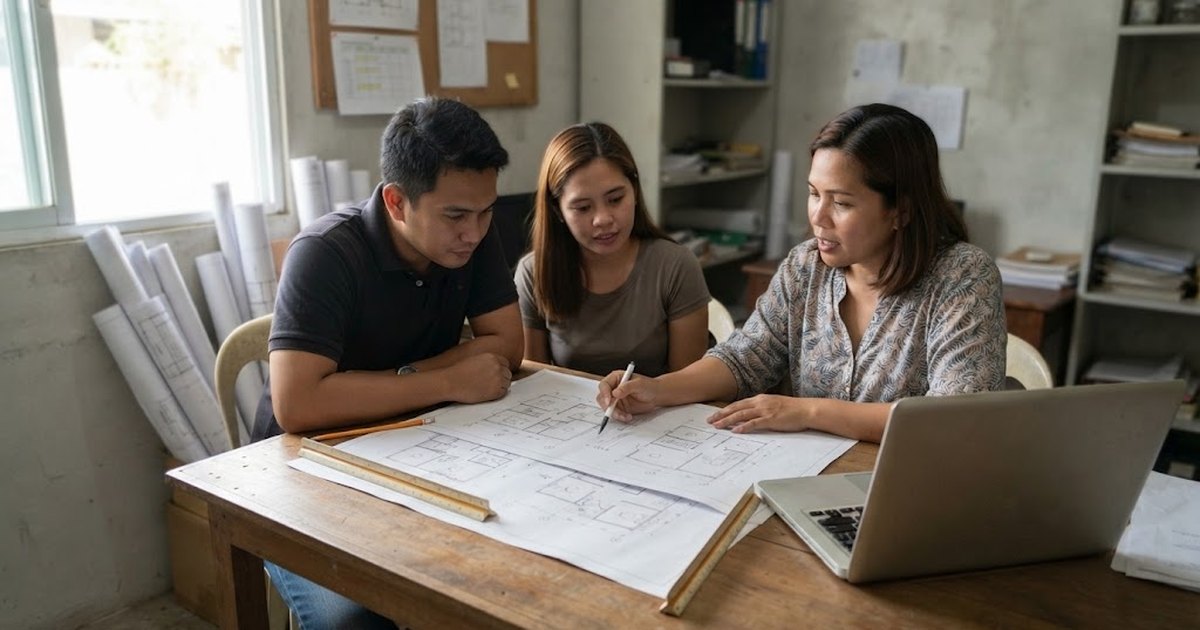 Filipino architect reviewing printed house floor plans with a homeowner couple in a small design office