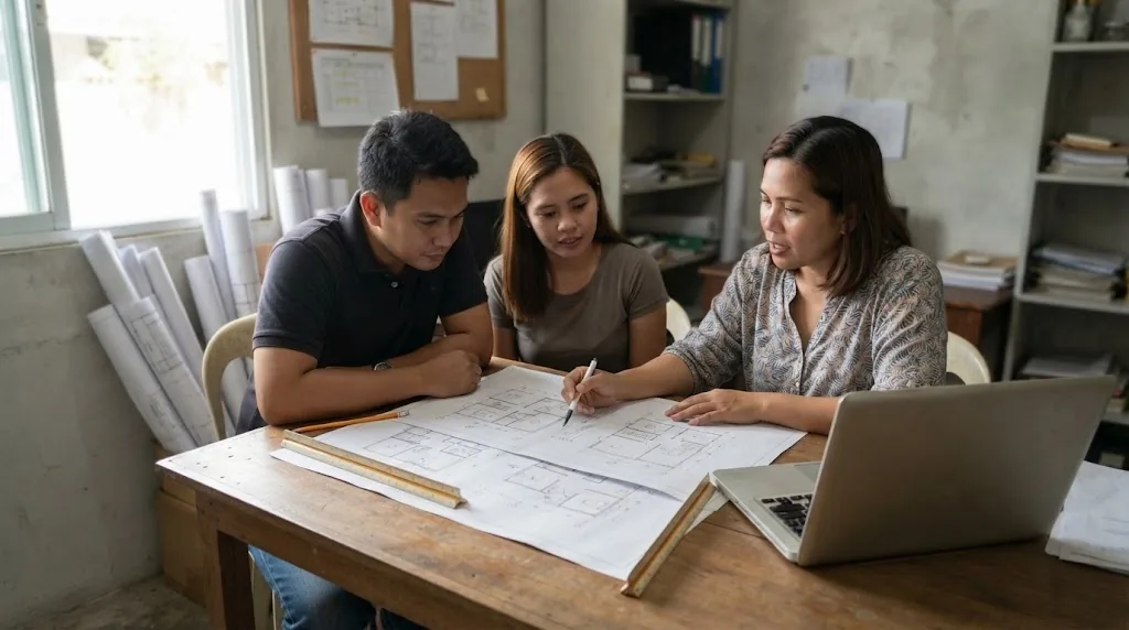 Filipino architect reviewing printed house floor plans with a homeowner couple in a small design office