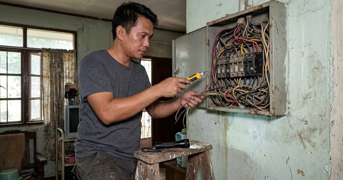 Electrician checking the wiring at an old residential panel board in a Philippine house
