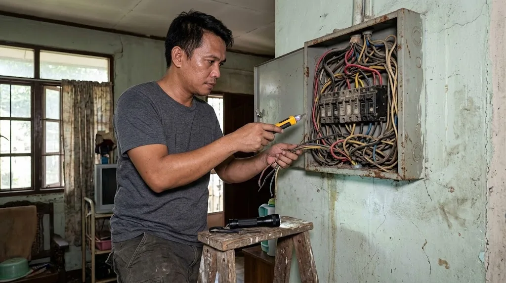 Electrician checking the wiring at an old residential panel board in a Philippine house