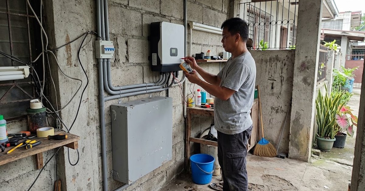 Hybrid solar inverter and wall-mounted lithium battery installed in the utility area of a Filipino home, technician checking the display