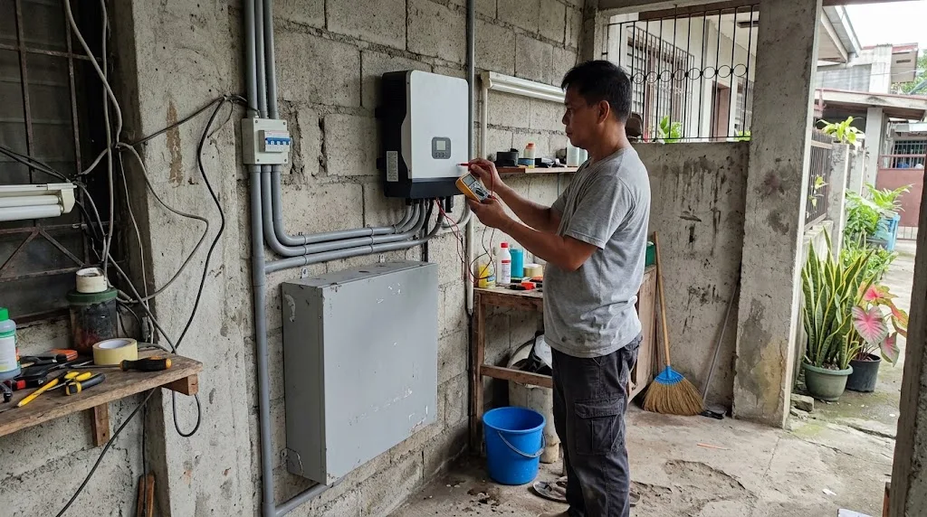 Hybrid solar inverter and wall-mounted lithium battery installed in the utility area of a Filipino home, technician checking the display