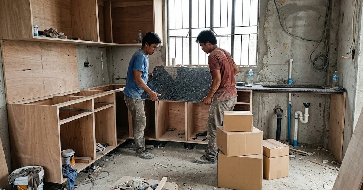 Carpenters fitting base cabinets and a stone countertop in a house kitchen renovation