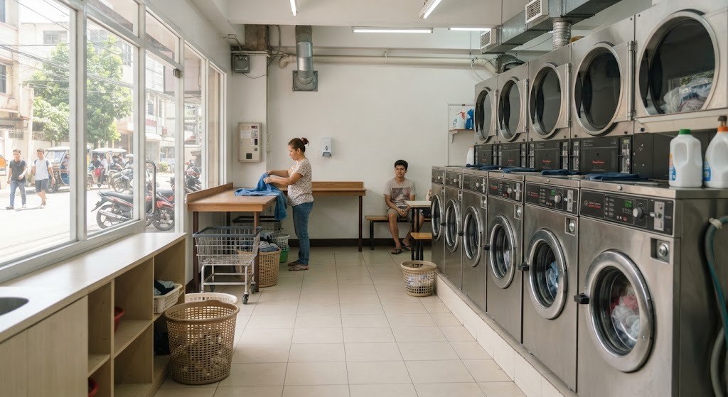 Row of commercial washing machines and dryers in a laundromat fit-out