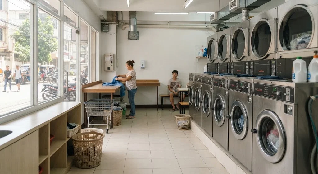 Row of commercial washing machines and dryers being installed in a laundromat fit-out