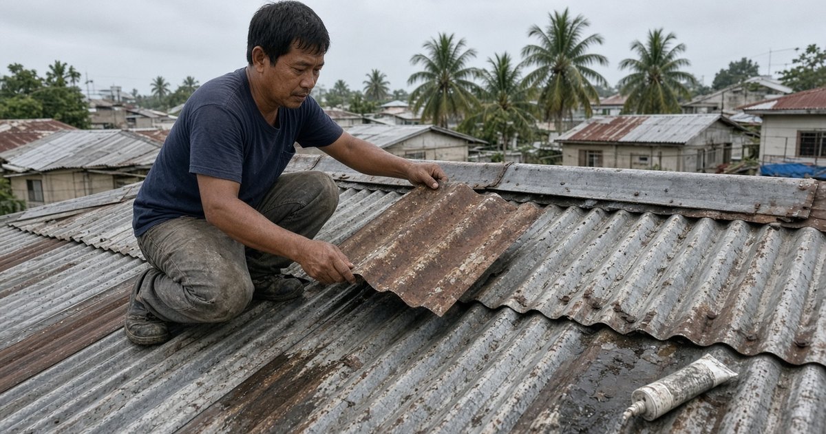 Roofer lifting a rusted, loose corrugated roof sheet near the ridge to find the source of a leak