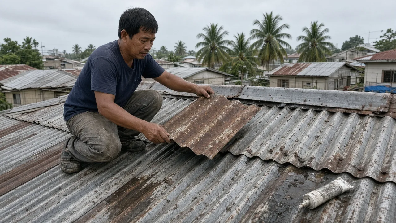 Roofer lifting a rusted, loose corrugated roof sheet near the ridge to find the source of a leak
