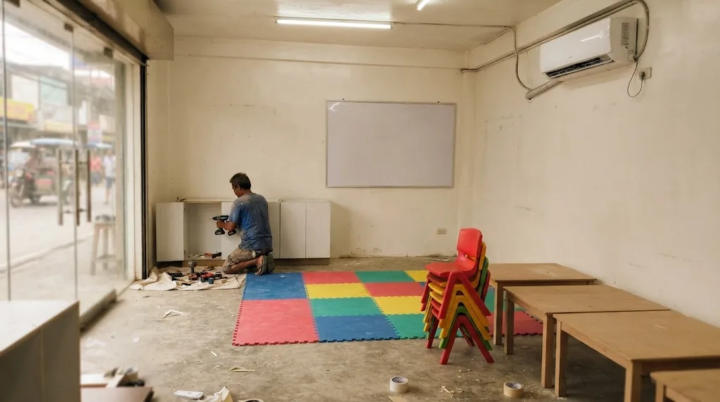 A small learning center being fitted out, with low tables, foam floor mats and a carpenter installing low cabinets along the wall