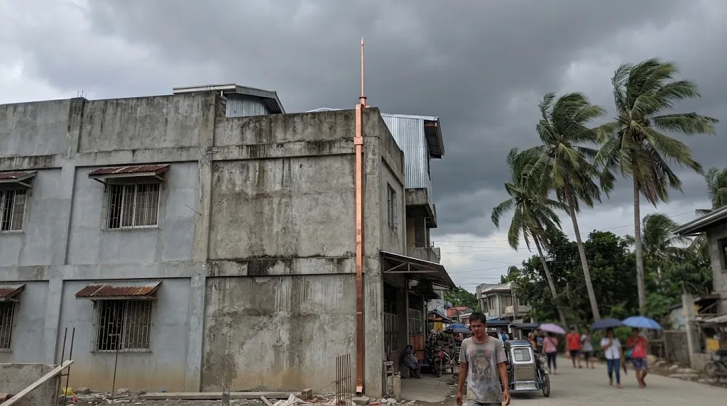 Lightning rod and copper down conductor on the roof edge of a concrete building in the Philippines under a stormy sky