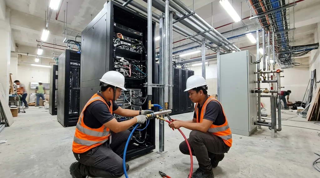 Two Filipino technicians in white hard hats and orange reflective vests kneeling beside an open black server rack, connecting blue and red coolant hoses to a vertical steel coolant pipe, with steel pipes overhead and a grey cabinet-sized coolant unit to the right in an unfinished data hall