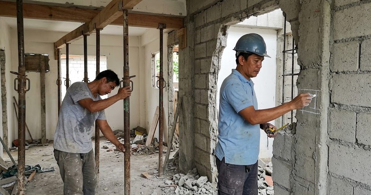 Workers opening a hollow block wall with temporary steel props supporting the floor above