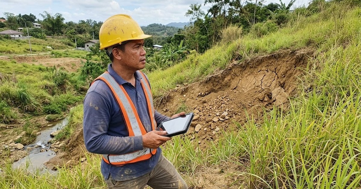Engineer checking an eroded slope beside a residential lot with a tablet