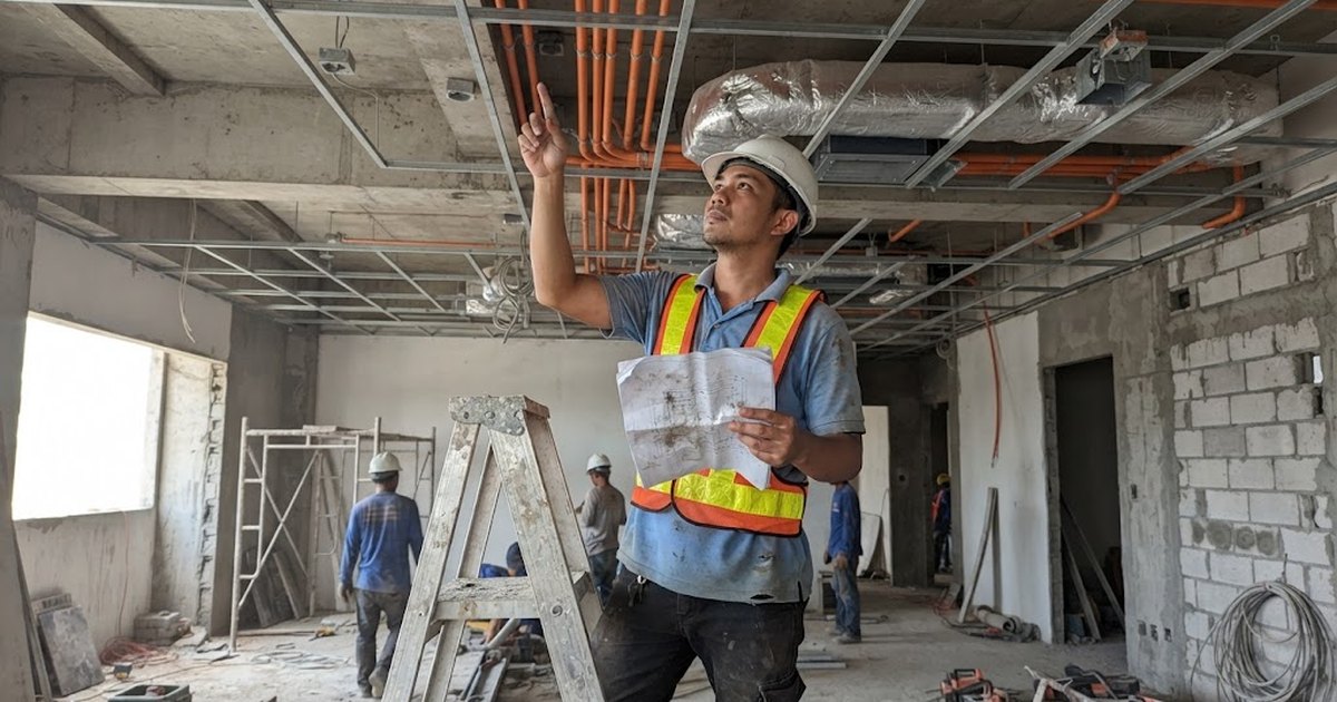 Filipino electrical engineer checking conduit and duct runs in an open ceiling of a commercial space under construction