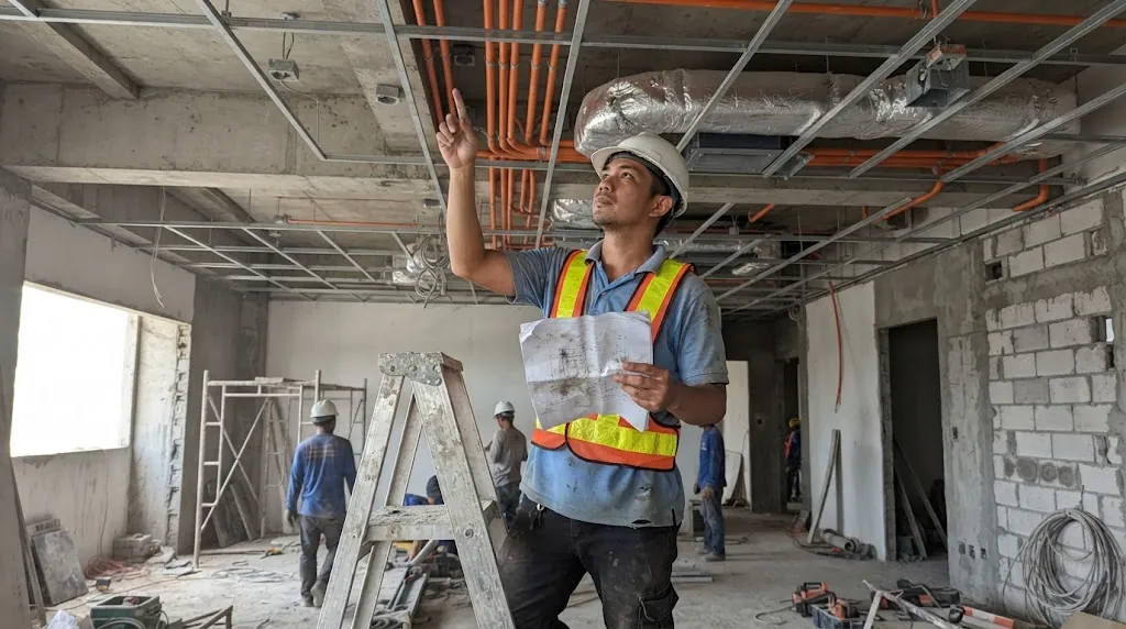 Filipino electrical engineer checking conduit and duct runs in an open ceiling of a commercial space under construction