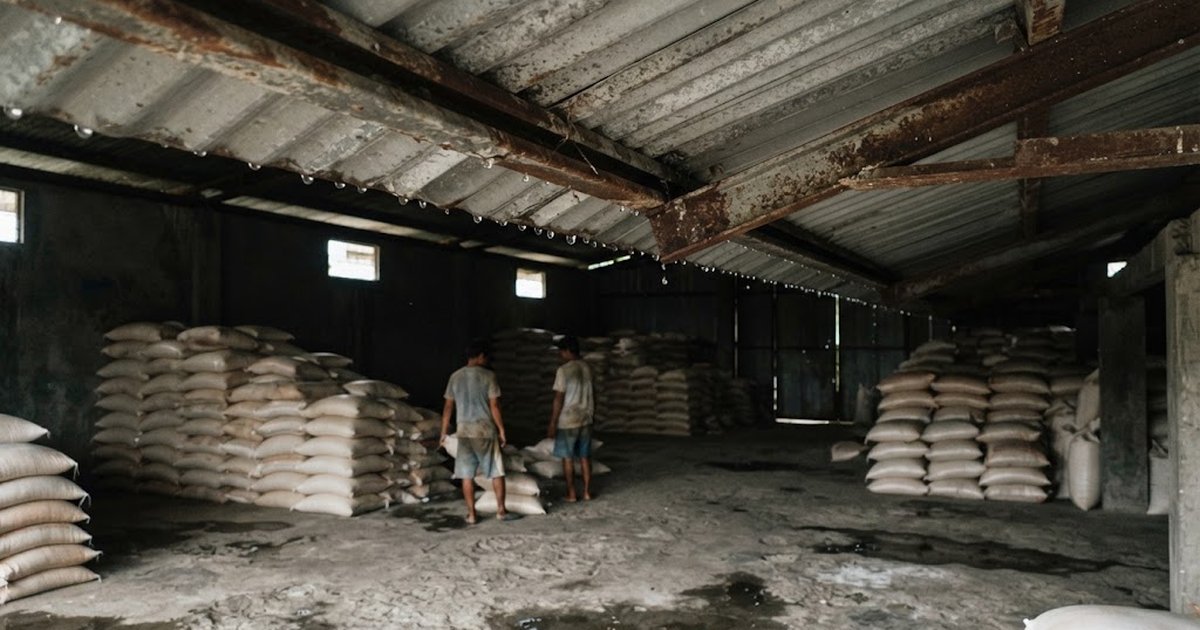 Water droplets hanging under corrugated metal roofing and steel purlins inside a dim rural warehouse in the Philippines