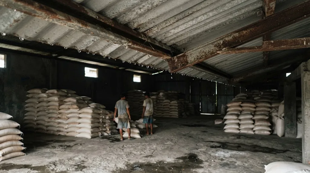 Water droplets hanging under corrugated metal roofing and steel purlins inside a dim rural warehouse in the Philippines