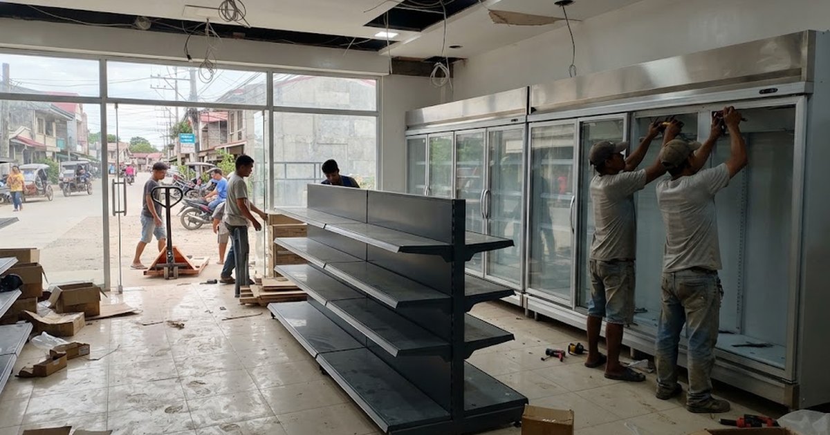 Workers installing glass-door chillers in a small convenience store
