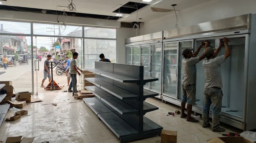 Workers installing glass-door chillers and gondola shelving in a small convenience store being fitted out