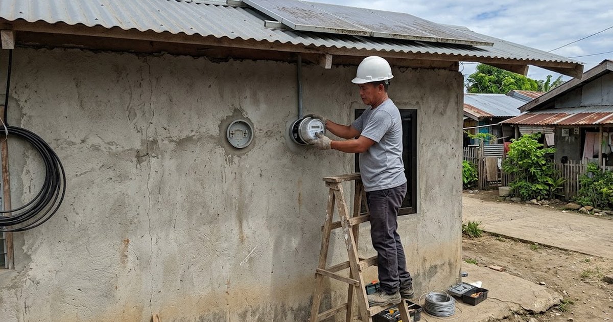 Electric cooperative lineman installing a bidirectional net meter on the outside wall of a Filipino house with rooftop solar panels visible above