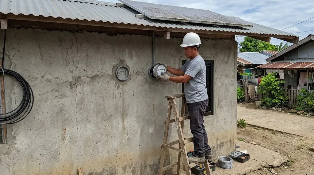 Electric cooperative lineman installing a bidirectional net meter on the outside wall of a Filipino house with rooftop solar panels visible above