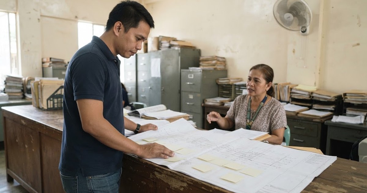 Filipino homeowner at a municipal building permit counter reviewing returned plans with sticky-note comments