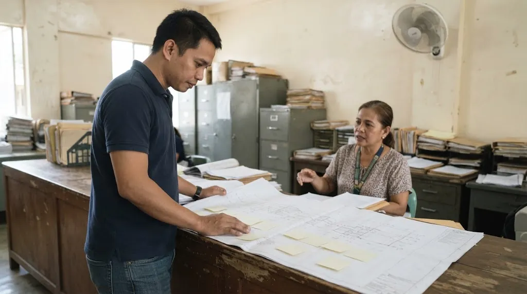 Filipino homeowner at a municipal building permit counter reviewing returned plans with sticky-note comments