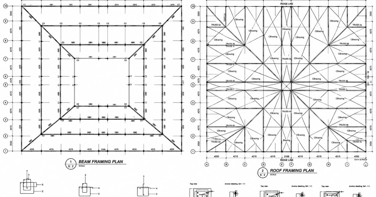 Beam and roof framing plan sheet with column schedules and anchor details