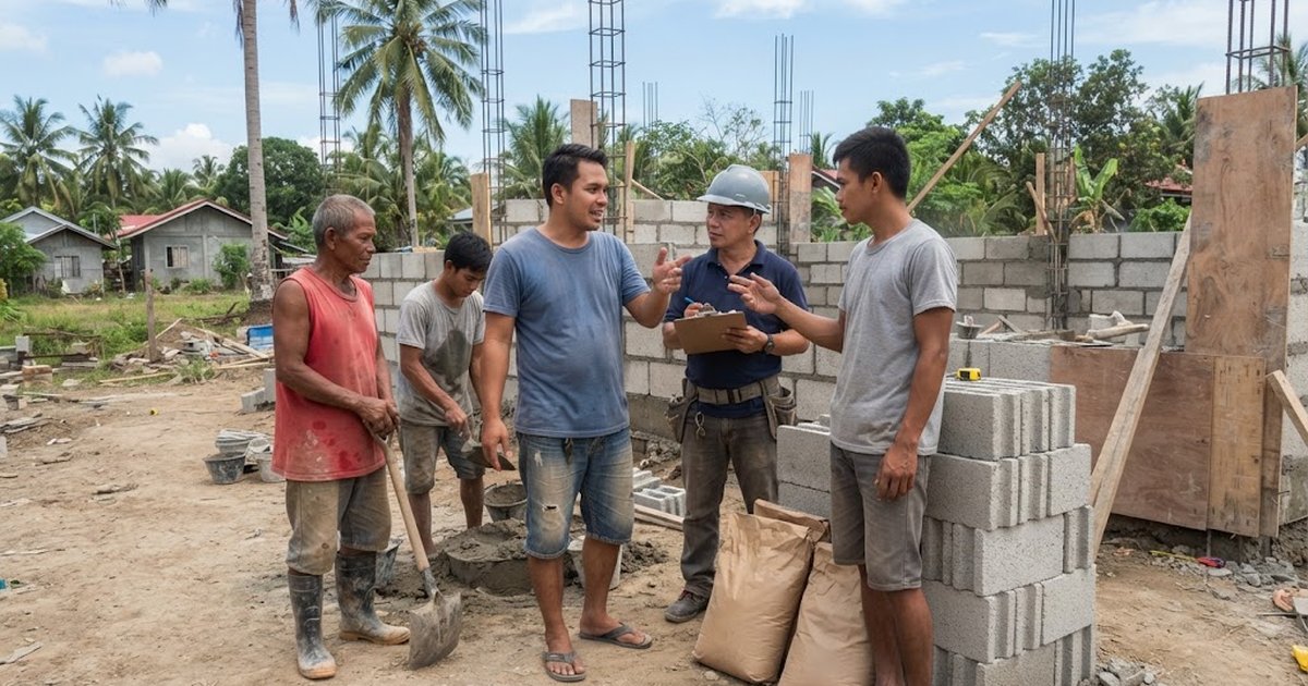 Filipino homeowner talking with a foreman and two masons beside stacked hollow blocks at a house construction site