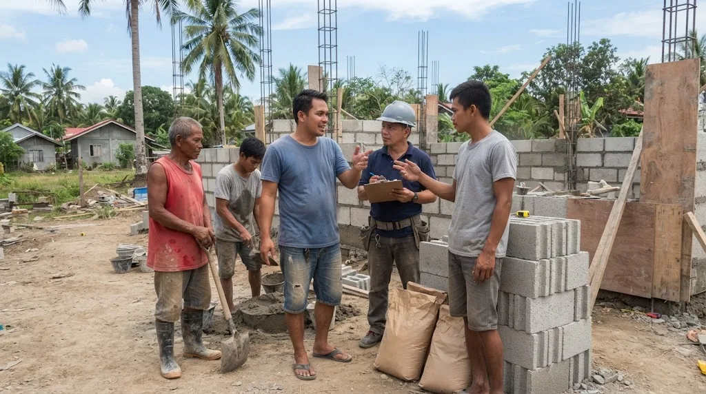 Filipino homeowner talking with a foreman and two masons beside stacked hollow blocks at a house construction site