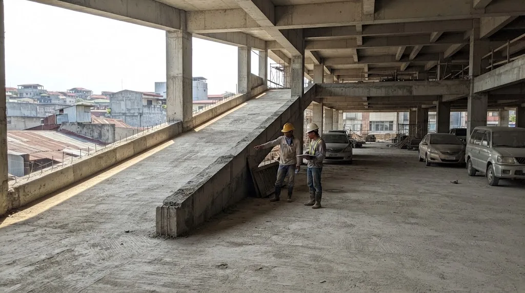 Reinforced concrete multi-level parking structure with ramp and edge barriers under construction