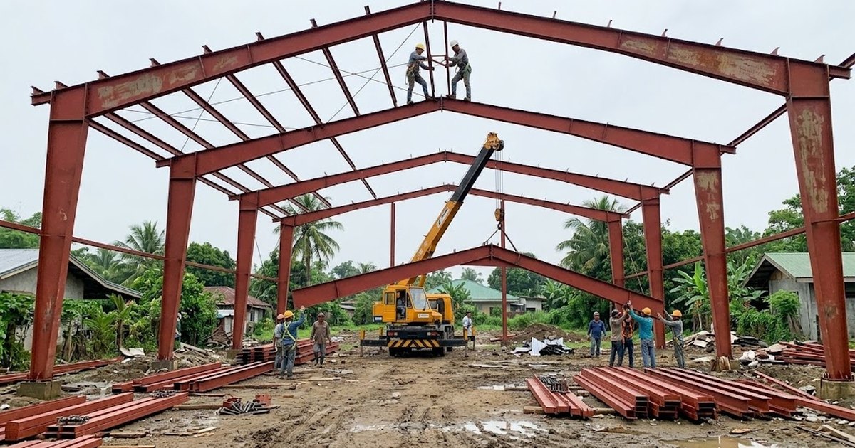 Crane erecting the steel frames of a pre-engineered steel building