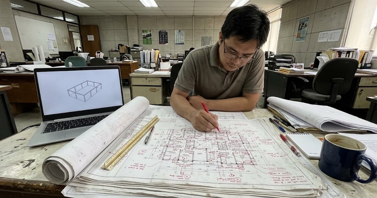 Filipino structural engineer reviewing printed structural drawings with red markups at a desk beside a laptop showing a building model
