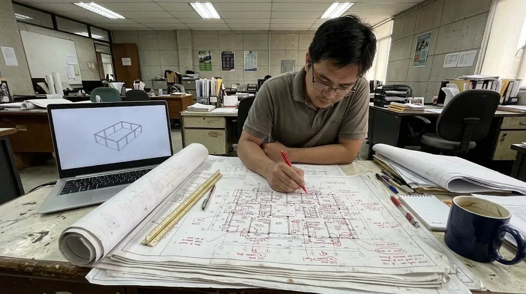 Filipino structural engineer reviewing printed structural drawings with red markups at a desk beside a laptop showing a building model
