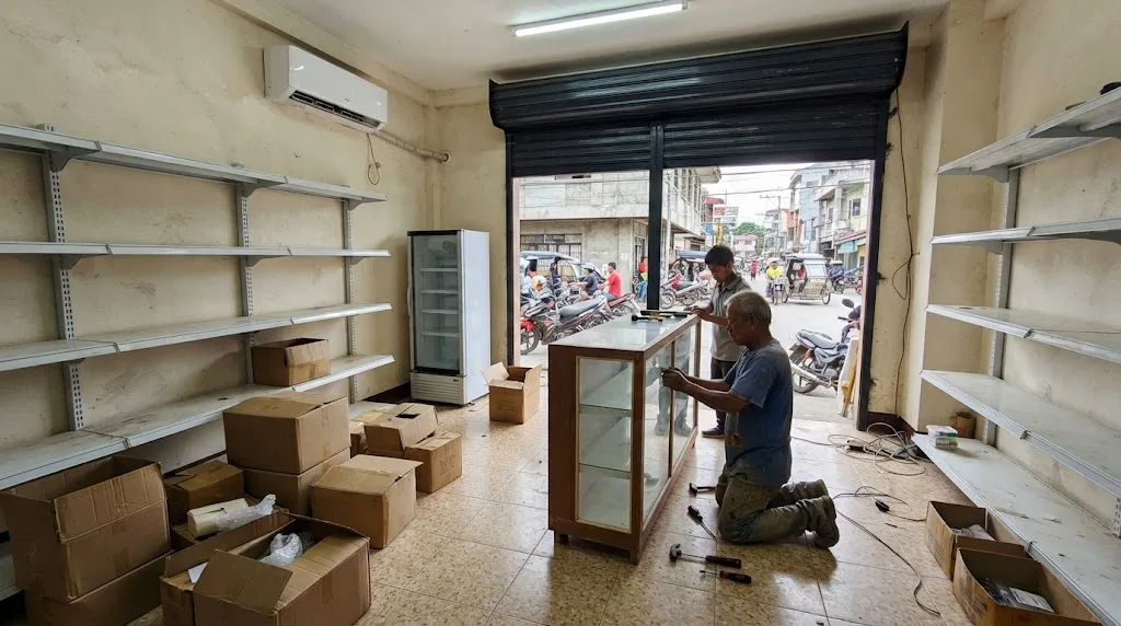 Carpenters installing a glass dispensing counter in a small street-front drugstore, with empty wall shelving, a medicine refrigerator and a roll-up grille at the entrance