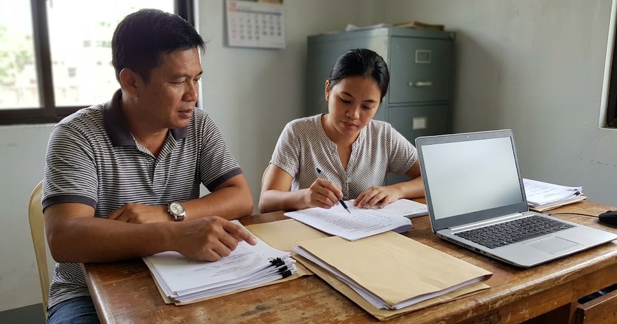 Filipino contractor and office staff checking company permits, tax clearance and financial statements against a printed bid checklist