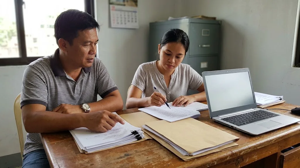 Filipino contractor and office staff checking a stack of company permits, tax clearance and financial statements against a printed bid checklist on a desk
