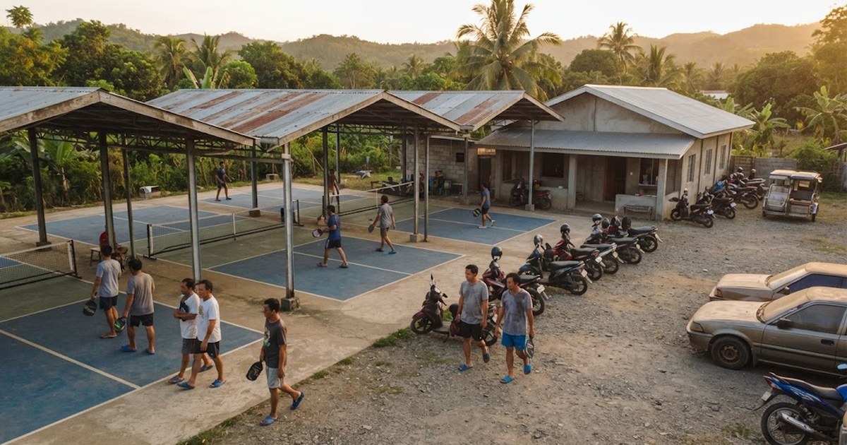 Pickleball club with four roofed courts, small clubhouse and parking area in the Philippines at golden hour