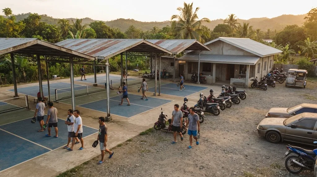 Pickleball club with four courts, small clubhouse and parking area in the Philippines at golden hour